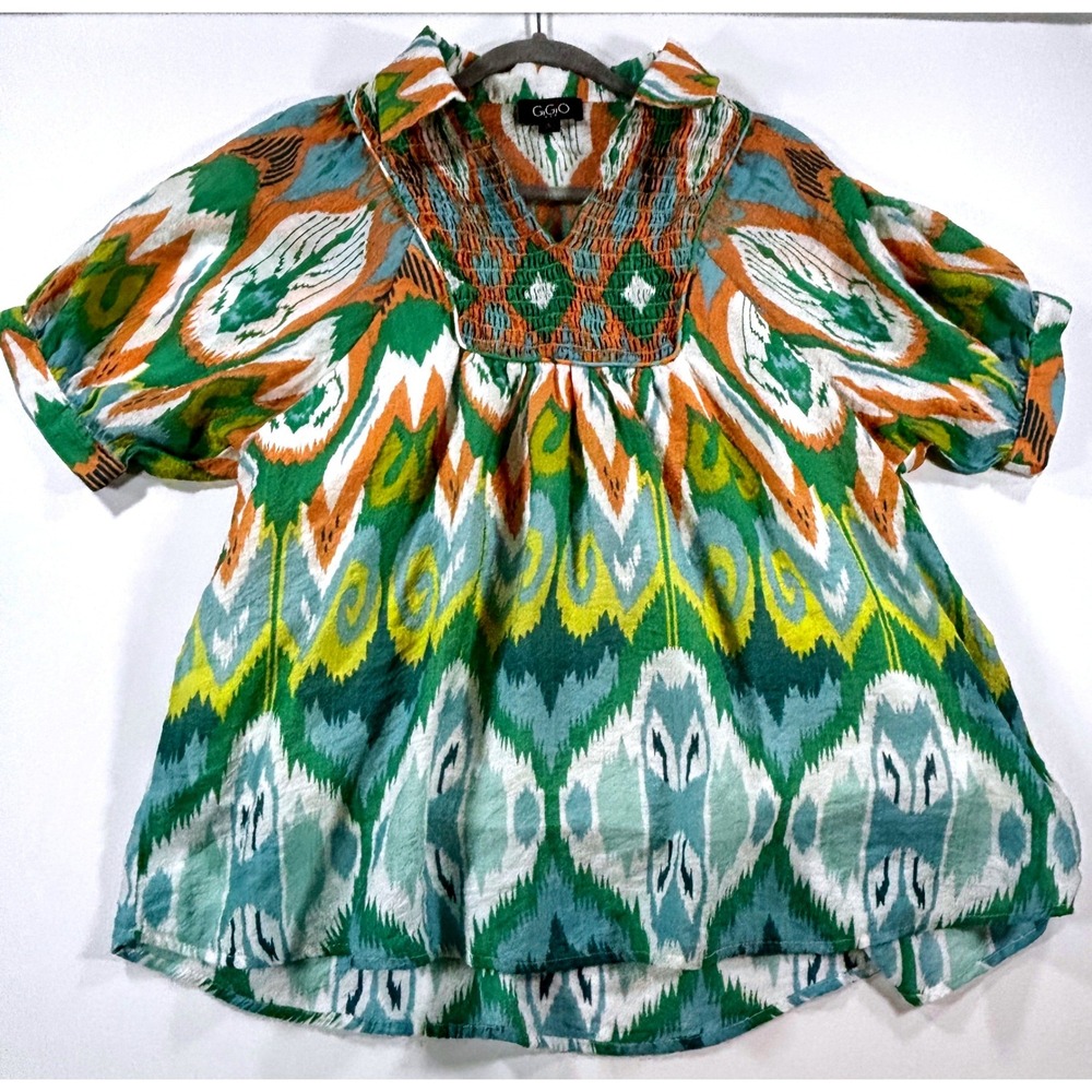 GIGIO USA Blouse Boho Smocked Print V-Neck Puff Sleeve Green Orange Women L